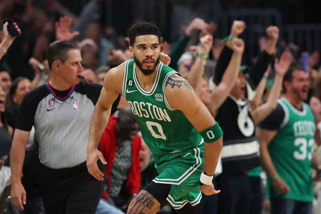 BOSTON, MASSACHUSETTS - MAY 25: Jayson Tatum #0 of the Boston Celtics reacts against the Miami Heat during the first quarter in game five of the Eastern Conference Finals at TD Garden on May 25, 2023 in Boston, Massachusetts.