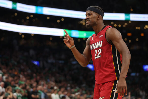 BOSTON, MASSACHUSETTS - MAY 19: Jimmy Butler #22 of the Miami Heat reacts during the fourth quarter against the Boston Celtics in game two of the Eastern Conference Finals at TD Garden on May 19, 2023 in Boston, Massachusetts.