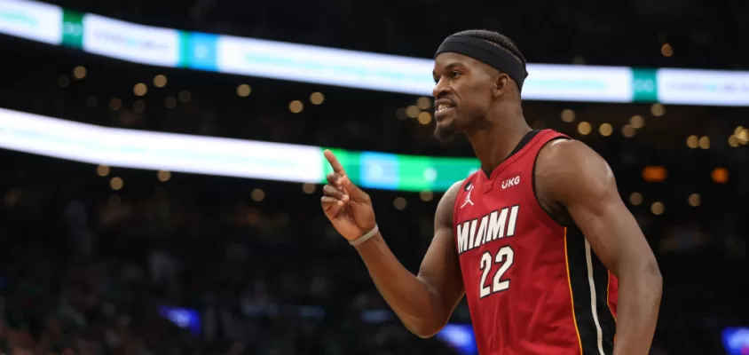 BOSTON, MASSACHUSETTS - MAY 19: Jimmy Butler #22 of the Miami Heat reacts during the fourth quarter against the Boston Celtics in game two of the Eastern Conference Finals at TD Garden on May 19, 2023 in Boston, Massachusetts.