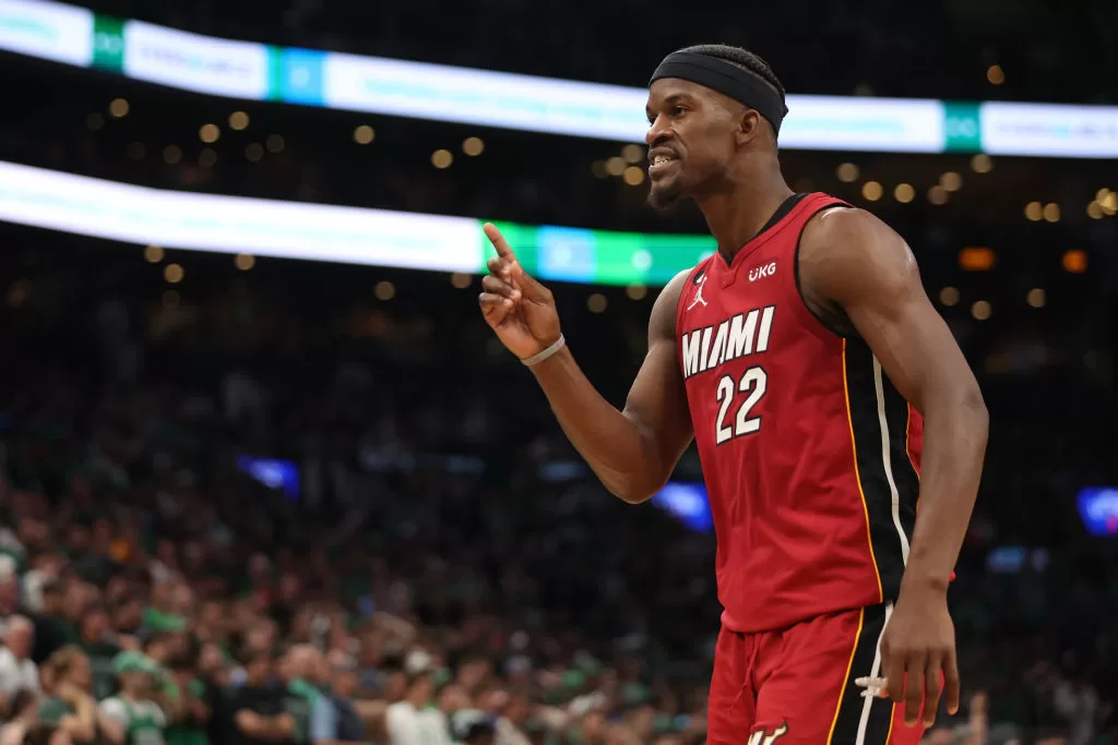 BOSTON, MASSACHUSETTS - MAY 19: Jimmy Butler #22 of the Miami Heat reacts during the fourth quarter against the Boston Celtics in game two of the Eastern Conference Finals at TD Garden on May 19, 2023 in Boston, Massachusetts.