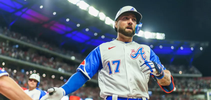 ATLANTA, GA - MAY 6: Kevin Pillar #17 of the Atlanta Braves celebrates after hitting a go ahead two run home run during the eighth inning of the game between the Atlanta Braves and the Baltimore Orioles at Truist Park on May 6, 2023 in Atlanta, Georgia