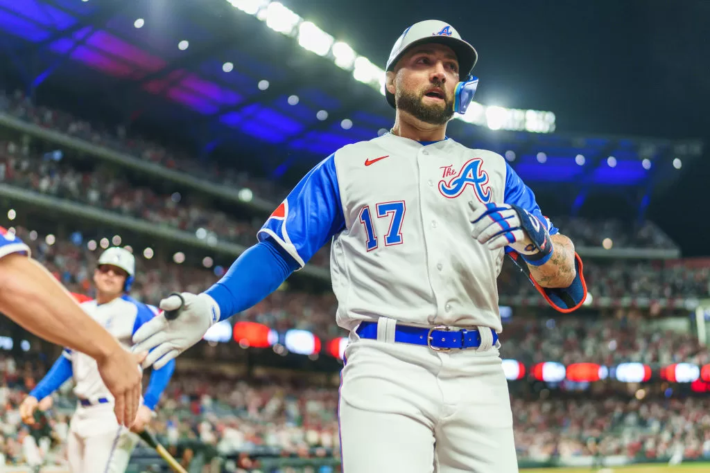 ATLANTA, GA - MAY 6: Kevin Pillar #17 of the Atlanta Braves celebrates after hitting a go ahead two run home run during the eighth inning of the game between the Atlanta Braves and the Baltimore Orioles at Truist Park on May 6, 2023 in Atlanta, Georgia