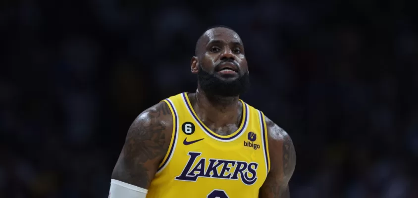 DENVER, COLORADO - MAY 18: LeBron James #6 of the Los Angeles Lakers reacts after losing to the Denver Nuggets in game two of the Western Conference Finals at Ball Arena on May 18, 2023 in Denver, Colorado.