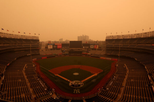 NEW YORK, NY - JUNE 7: A general view of hazy conditions resulting from Canadian wildfires at Yankee Stadium before the game between the Chicago White Sox and the New York Yankees on June 7, 2023, in New York, New York