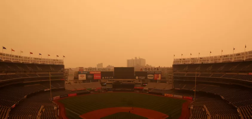 NEW YORK, NY - JUNE 7: A general view of hazy conditions resulting from Canadian wildfires at Yankee Stadium before the game between the Chicago White Sox and the New York Yankees on June 7, 2023, in New York, New York