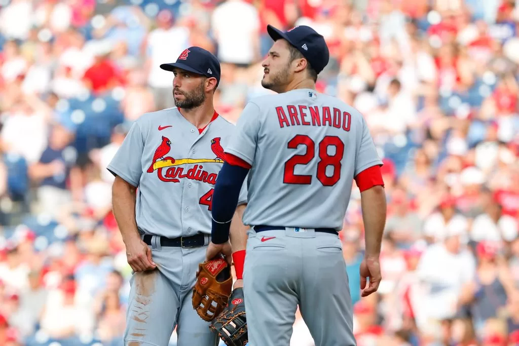 PHILADELPHIA, PA - JULY 01: St. Louis Cardinals first baseman Paul Goldschmidt (46) and St. Louis Cardinals third baseman Nolan Arenado (28) during the Major League Baseball game between the Philadelphia Phillies and the St. Louis Cardinals on July 1, 2022 at Citizens Bank Park in Philadelphia, Pennsylvania