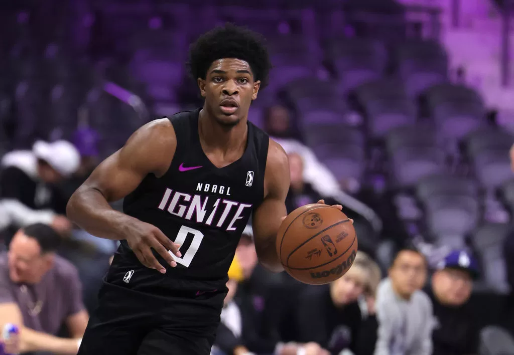 HENDERSON, NEVADA - DECEMBER 27: Scoot Henderson #0 of G League Ignite brings the ball up the court against the Ontario Clippers in the first quarter of their game at The Dollar Loan Center on December 27, 2022 in Henderson, Nevada. Ignite defeated the Clippers 114-108 in overtime.