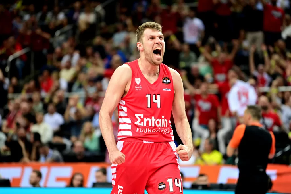 KAUNAS, LITHUANIA - MAY 21: Sasha Vezenkov, #14 of Olympiacos Piraeus during Turkish Airlines EuroLeague Final Four Kaunas 2023 Championship game Olympiacos Piraeus v Real Madrid at Zalgirio Arena on May 21, 2023 in Kaunas, Lithuania.