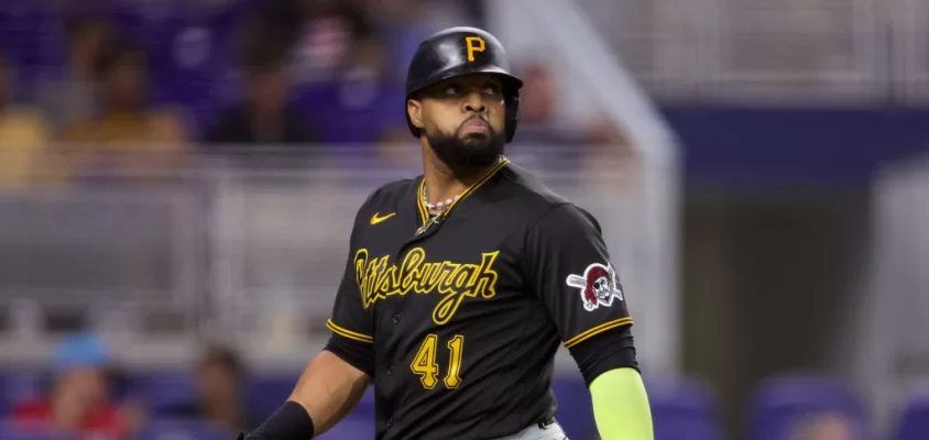 MIAMI, FLORIDA - JUNE 22: Carlos Santana #41 of the Pittsburgh Pirates at bat against the Miami Marlins during the first inning at loanDepot park on June 22, 2023 in Miami, Florida