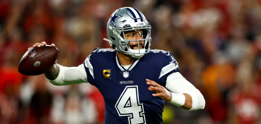 TAMPA, FL - JANUARY 16: Dak Prescott #4 of the Dallas Cowboys throws a pass during the first quarter of an NFL wild card playoff football game against the Tampa Bay Buccaneers at Raymond James Stadium on January 16, 2023 in Tampa, Florida.