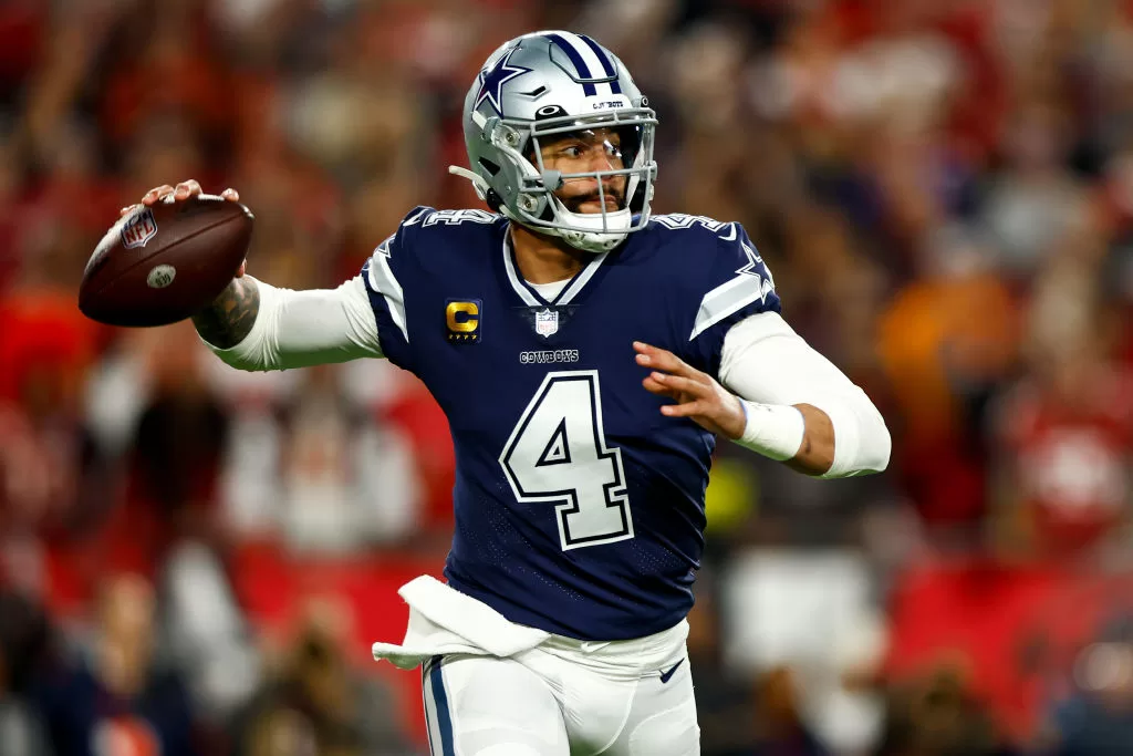 TAMPA, FL - JANUARY 16: Dak Prescott #4 of the Dallas Cowboys throws a pass during the first quarter of an NFL wild card playoff football game against the Tampa Bay Buccaneers at Raymond James Stadium on January 16, 2023 in Tampa, Florida.