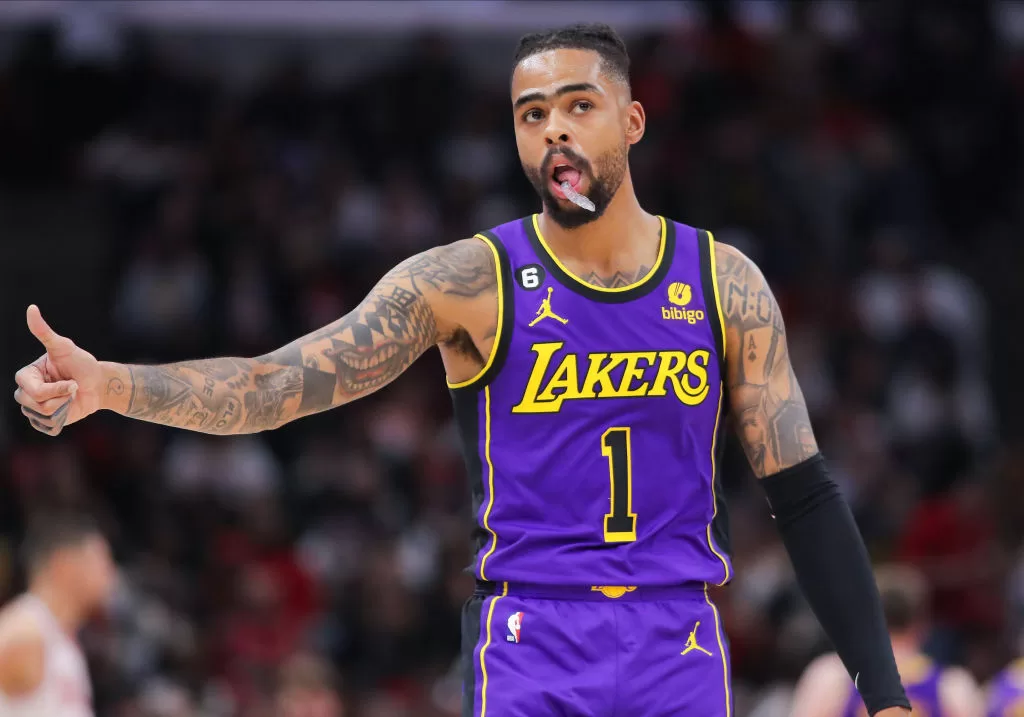 CHICAGO, IL - MARCH 29: Los Angeles Lakers guard D'Angelo Russell (1) reacts to a play during a NBA game between the Los Angeles Lakers and the Chicago Bulls on March 29, 2023 at the United Center in Chicago, IL