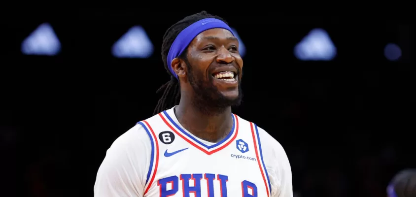 ATLANTA, GA - APRIL 07: Montrezl Harrell #5 of the Philadelphia 76ers reacts after a foul is called during the first half against the Atlanta Hawks at State Farm Arena on April 7, 2023 in Atlanta, Georgia.