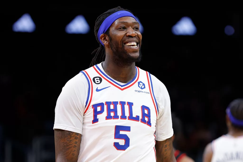 ATLANTA, GA - APRIL 07: Montrezl Harrell #5 of the Philadelphia 76ers reacts after a foul is called during the first half against the Atlanta Hawks at State Farm Arena on April 7, 2023 in Atlanta, Georgia.