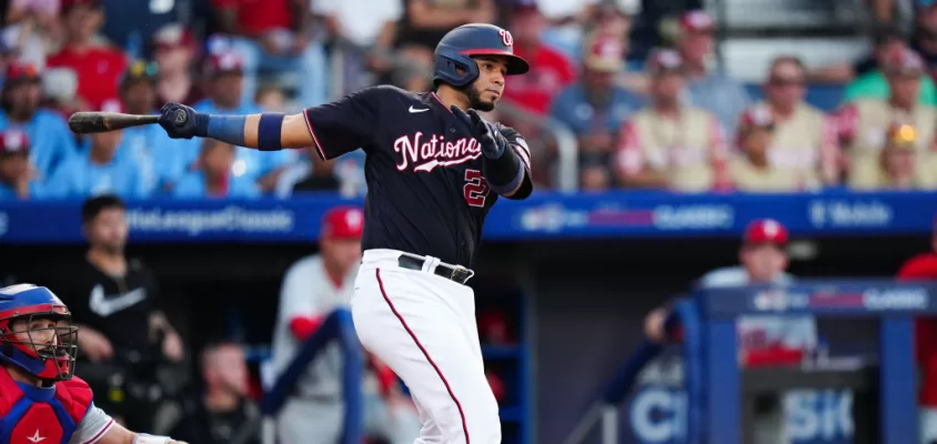 SOUTH WILLIAMSPORT, PA - AUGUST 20: Keibert Ruiz #20 of the Washington Nationals hits a two RBI double in the first inning during the game between the Philadelphia Phillies and the Washington Nationals at Muncy Bank Ballpark at Historic Bowman Field on Sunday, August 20, 2023 in South Williamsport, Pennsylvania