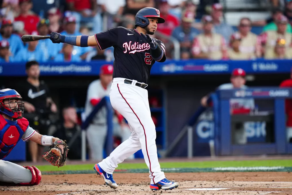 SOUTH WILLIAMSPORT, PA - AUGUST 20: Keibert Ruiz #20 of the Washington Nationals hits a two RBI double in the first inning during the game between the Philadelphia Phillies and the Washington Nationals at Muncy Bank Ballpark at Historic Bowman Field on Sunday, August 20, 2023 in South Williamsport, Pennsylvania