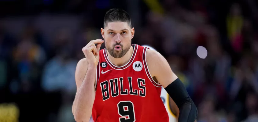 INDIANAPOLIS, INDIANA - FEBRUARY 15: Nikola Vucevic #9 of the Chicago Bulls reacts after making a shot in the fourth quarter against the Indiana Pacers at Gainbridge Fieldhouse on February 15, 2023 in Indianapolis, Indiana.