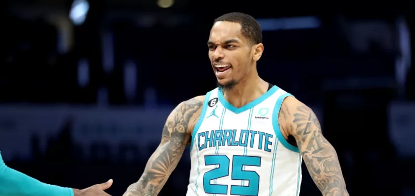 CHARLOTTE, NORTH CAROLINA - FEBRUARY 13: P.J. Washington #25 of the Charlotte Hornets celebrates after making a three pointer during the fourth period of a basketball game against the Atlanta Hawks at Spectrum Center on February 13, 2023 in Charlotte, North Carolina.