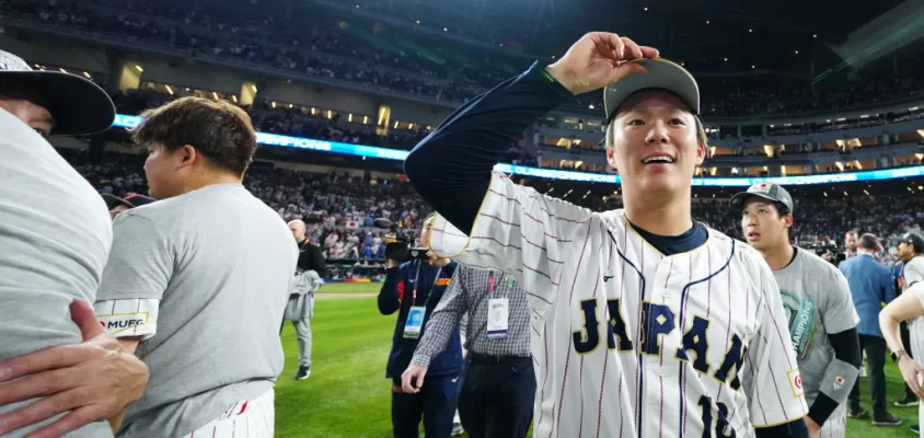 MIAMI, FL - MARCH 21: Shohei Ohtani #16 of Team Japan celebrates with teammates after a 3-2 victory over Team USA in the 2023 World Baseball Classic Championship game at loanDepot Park on Tuesday, March 21, 2023 in Miami, Florida