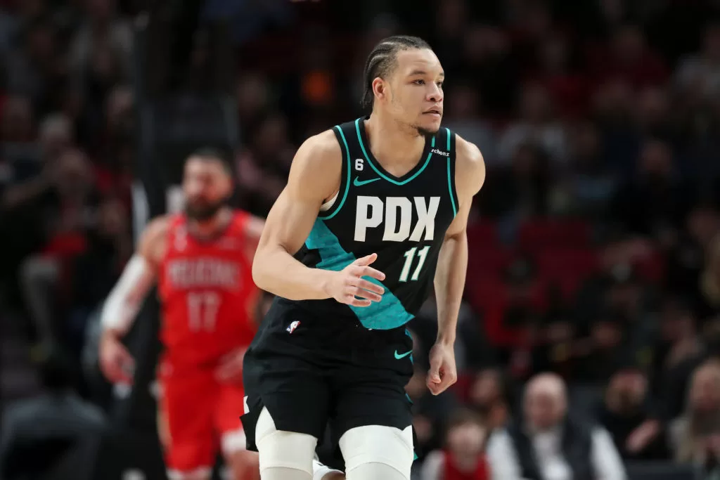 PORTLAND, OREGON - MARCH 27: Kevin Knox II #11 of the Portland Trail Blazers runs down the court during the first quarter against the New Orleans Pelicans at Moda Center on March 27, 2023 in Portland, Oregon.