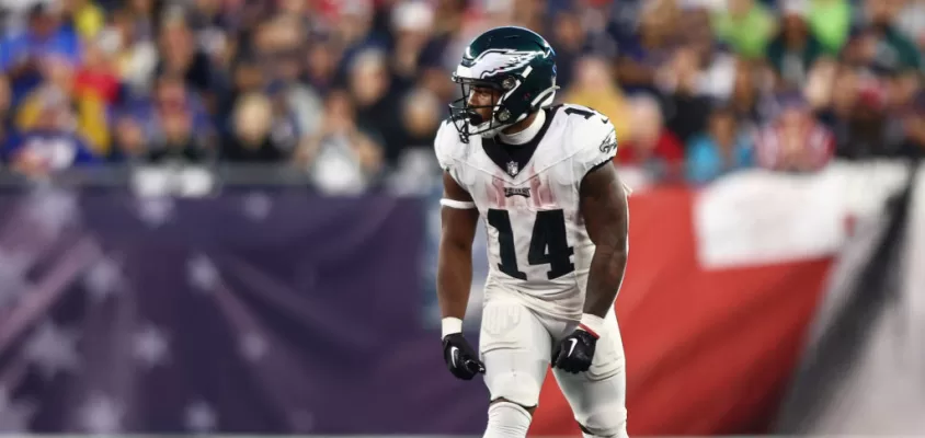 FOXBOROUGH, MA - SEPTEMBER 10: Kenneth Gainwell #14 of the Philadelphia Eagles lines up before a play during an NFL football game against the New England Patriots at Gillette Stadium on September 10, 2023 in Foxborough, Massachusetts.