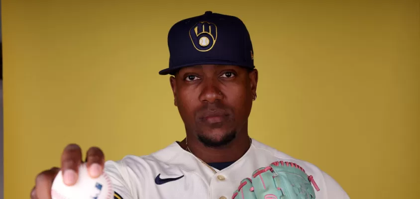 PHOENIX, ARIZONA - FEBRUARY 22: Thyago Vieira #49 of the Milwaukee Brewers poses for a portrait during photo day at American Family Fields of Phoenix on February 22, 2023 in Phoenix, Arizona.