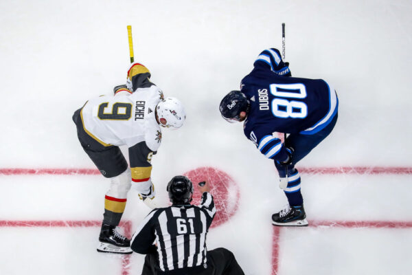 WINNIPEG, CANADA - APRIL 24: Jack Eichel #9 of the Vegas Golden Knights gets set to take a second period face-off against Pierre-Luc Dubois #80 of the Winnipeg Jets in Game Four of the First Round of the 2023 Stanley Cup Playoffs at the Canada Life Centre on April 24, 2023 in Winnipeg, Manitoba, Canada