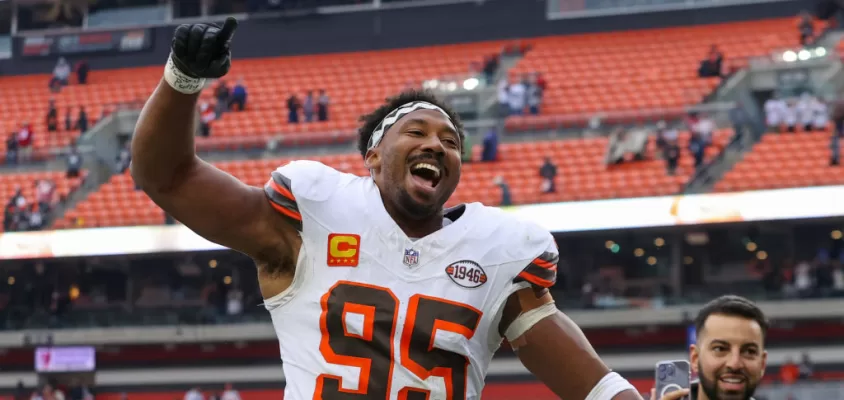 CLEVELAND, OH - OCTOBER 15: Cleveland Browns defensive end Myles Garrett (95) celebrates as he leaves the field following the National Football League game between the San Francisco 49ers and Cleveland Browns on October 15, 2023, at Cleveland Browns Stadium in Cleveland, OH.