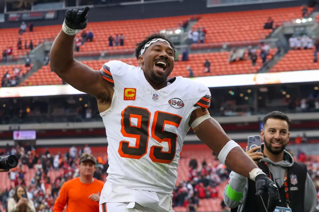 CLEVELAND, OH - OCTOBER 15: Cleveland Browns defensive end Myles Garrett (95) celebrates as he leaves the field following the National Football League game between the San Francisco 49ers and Cleveland Browns on October 15, 2023, at Cleveland Browns Stadium in Cleveland, OH.