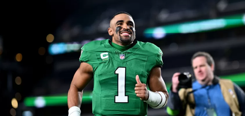 PHILADELPHIA, PA - OCTOBER 22: Philadelphia Eagles Quarterback Jalen Hurts (1) leaves the field after the game between the Miami Dolphins and Philadelphia Eagles on October 22, 2023 at Lincoln Financial Field in Philadelphia, PA