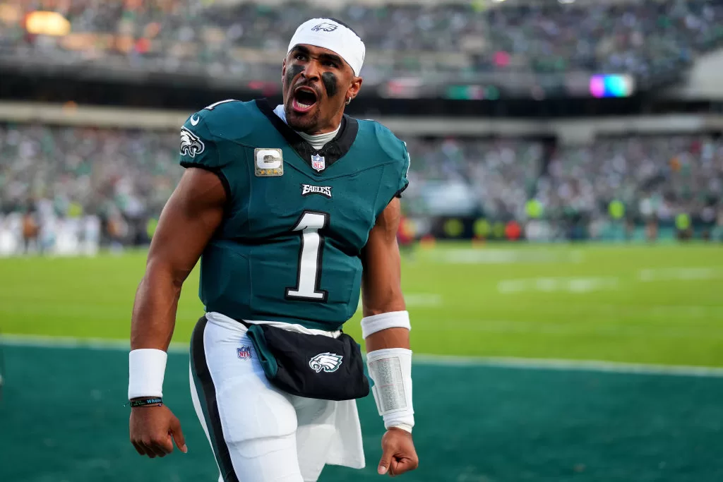 PHILADELPHIA, PENNSYLVANIA - NOVEMBER 05: Jalen Hurts #1 of the Philadelphia Eagles reacts prior to the game iagainst the Dallas Cowboys at Lincoln Financial Field on November 05, 2023 in Philadelphia, Pennsylvania.