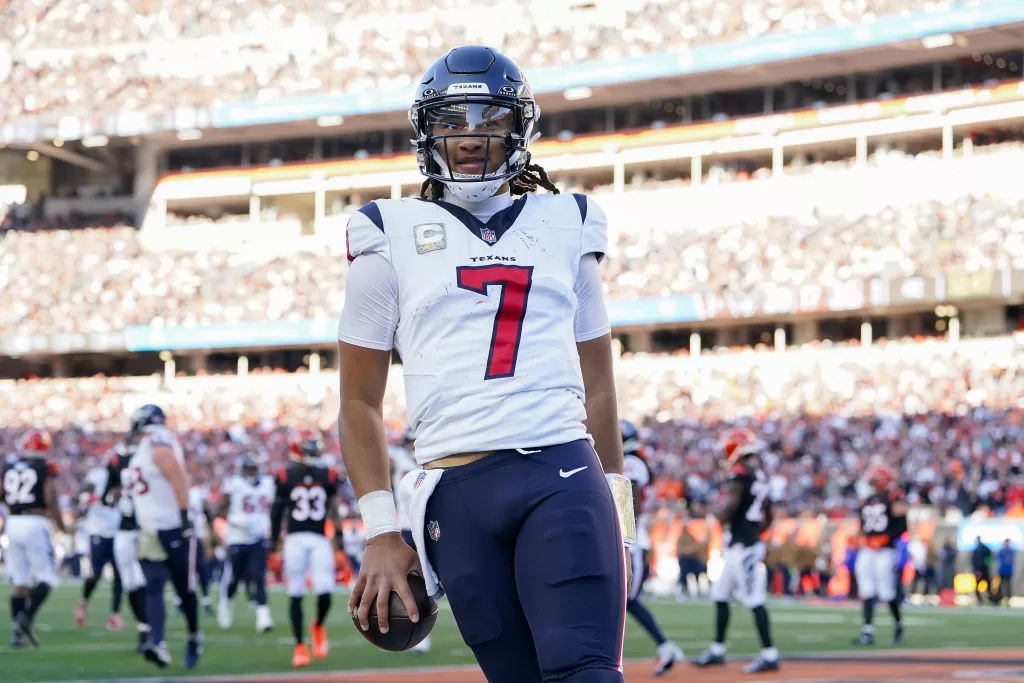 CINCINNATI, OHIO - NOVEMBER 12: C.J. Stroud #7 of the Houston Texans celebrates after scoring a touchdown in the fourth quarter against the Cincinnati Bengals at Paycor Stadium on November 12, 2023 in Cincinnati, Ohio.