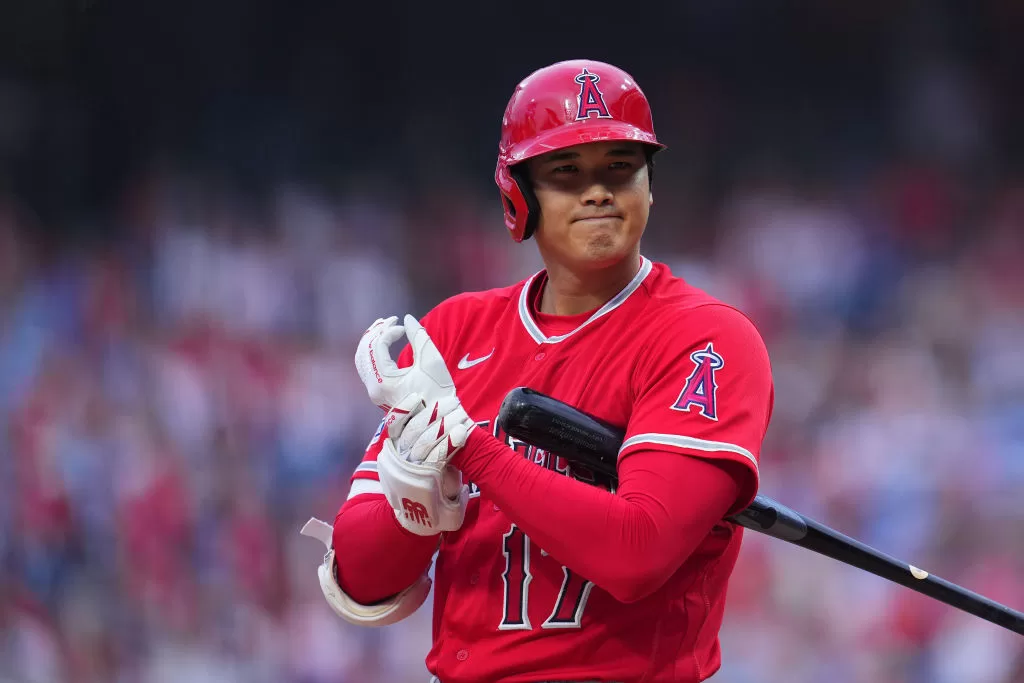 PHILADELPHIA, PENNSYLVANIA - AUGUST 28: Shohei Ohtani #17 of the Los Angeles Angels looks on against the Philadelphia Phillies at Citizens Bank Park on August 28, 2023 in Philadelphia, Pennsylvania. The Phillies defeated the Angels 6-4