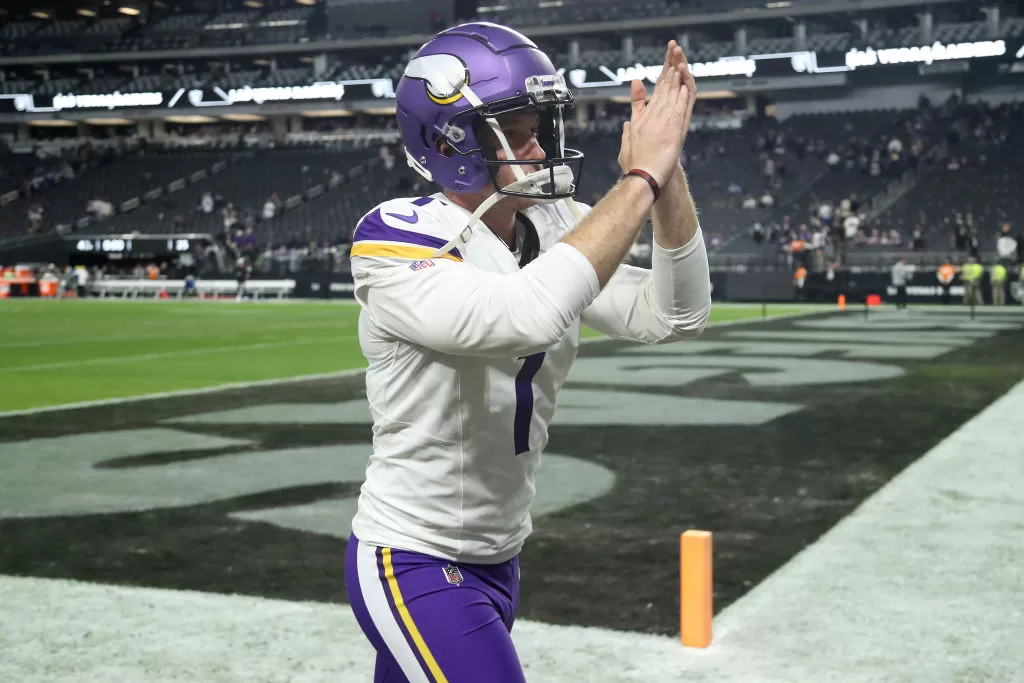 LAS VEGAS, NEVADA - DECEMBER 10: Greg Joseph #1 of the Minnesota Vikings reacts after the game against the Las Vegas Raiders at Allegiant Stadium on December 10, 2023 in Las Vegas, Nevada.