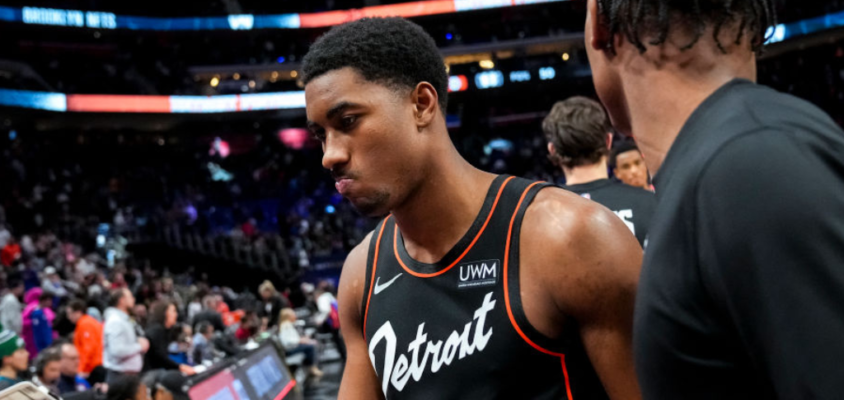 DETROIT, MICHIGAN - DECEMBER 26: Jaden Ivey #23 of the Detroit Pistons walks off the court after the Detroit Pistons 27th consecutive loss against the Brooklyn Nets at Little Caesars Arena on December 26, 2023 in Detroit, Michigan.