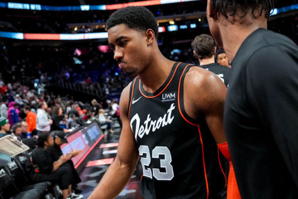 DETROIT, MICHIGAN - DECEMBER 26: Jaden Ivey #23 of the Detroit Pistons walks off the court after the Detroit Pistons 27th consecutive loss against the Brooklyn Nets at Little Caesars Arena on December 26, 2023 in Detroit, Michigan. NOTE TO USER: User expressly acknowledges and agrees that, by downloading and or using this photograph, User is consenting to the terms and conditions of the Getty Images License Agreement. (Photo by Nic Antaya/Getty Images) 