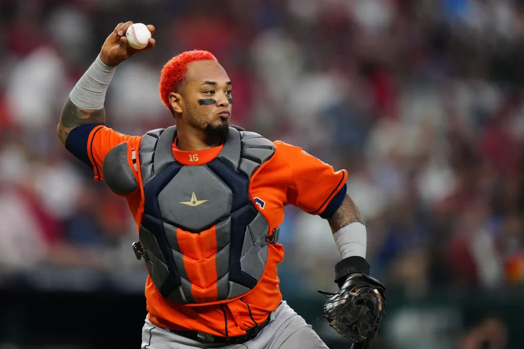 ARLINGTON, TX - OCTOBER 20: Martin Maldonado #15 of the Houston Astros throws to first for an out in the seventh inning during Game 5 of the ALCS between the Houston Astros and the Texas Rangers at Globe Life Field on Friday, October 20, 2023 in Arlington, Texas.