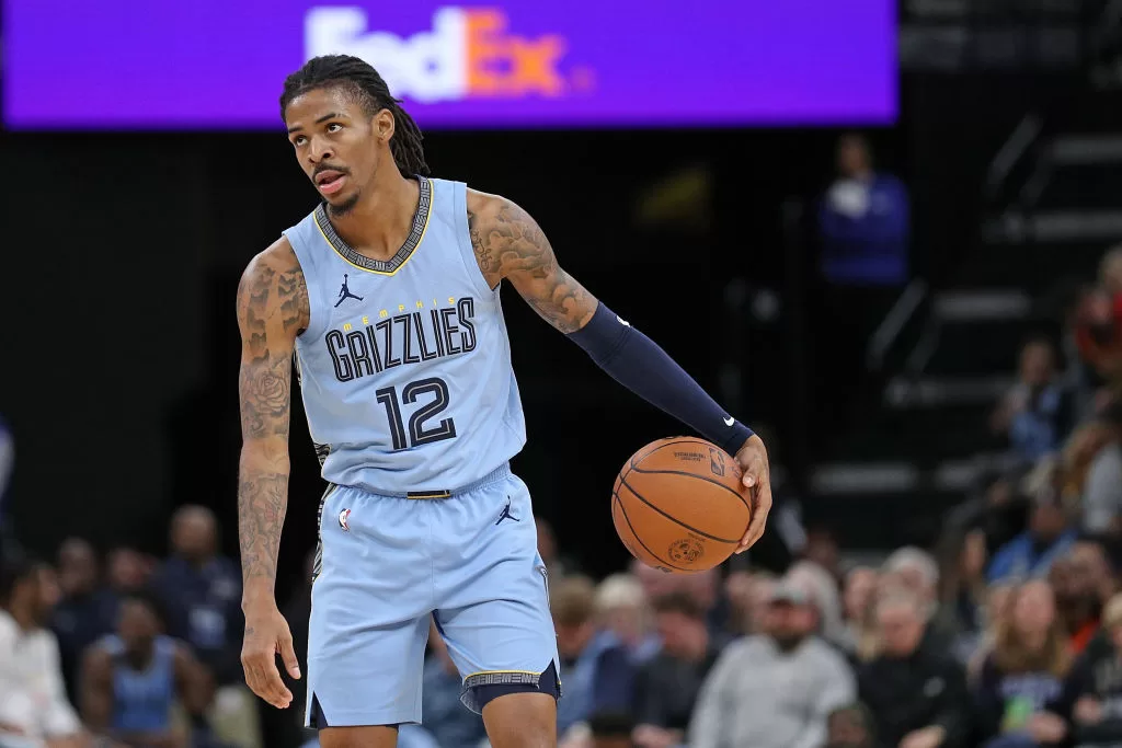 MEMPHIS, TENNESSEE - JANUARY 02: Ja Morant #12 of the Memphis Grizzlies handles the ball during the game against the San Antonio Spurs at FedExForum on January 02, 2024 in Memphis, Tennessee.