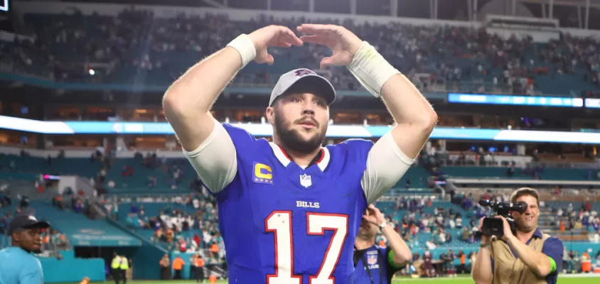 MIAMI GARDENS, FLORIDA - JANUARY 07: Josh Allen #17 of the Buffalo Bills reacts after a 21-14 victory against the Miami Dolphins at Hard Rock Stadium on January 07, 2024 in Miami Gardens, Florida