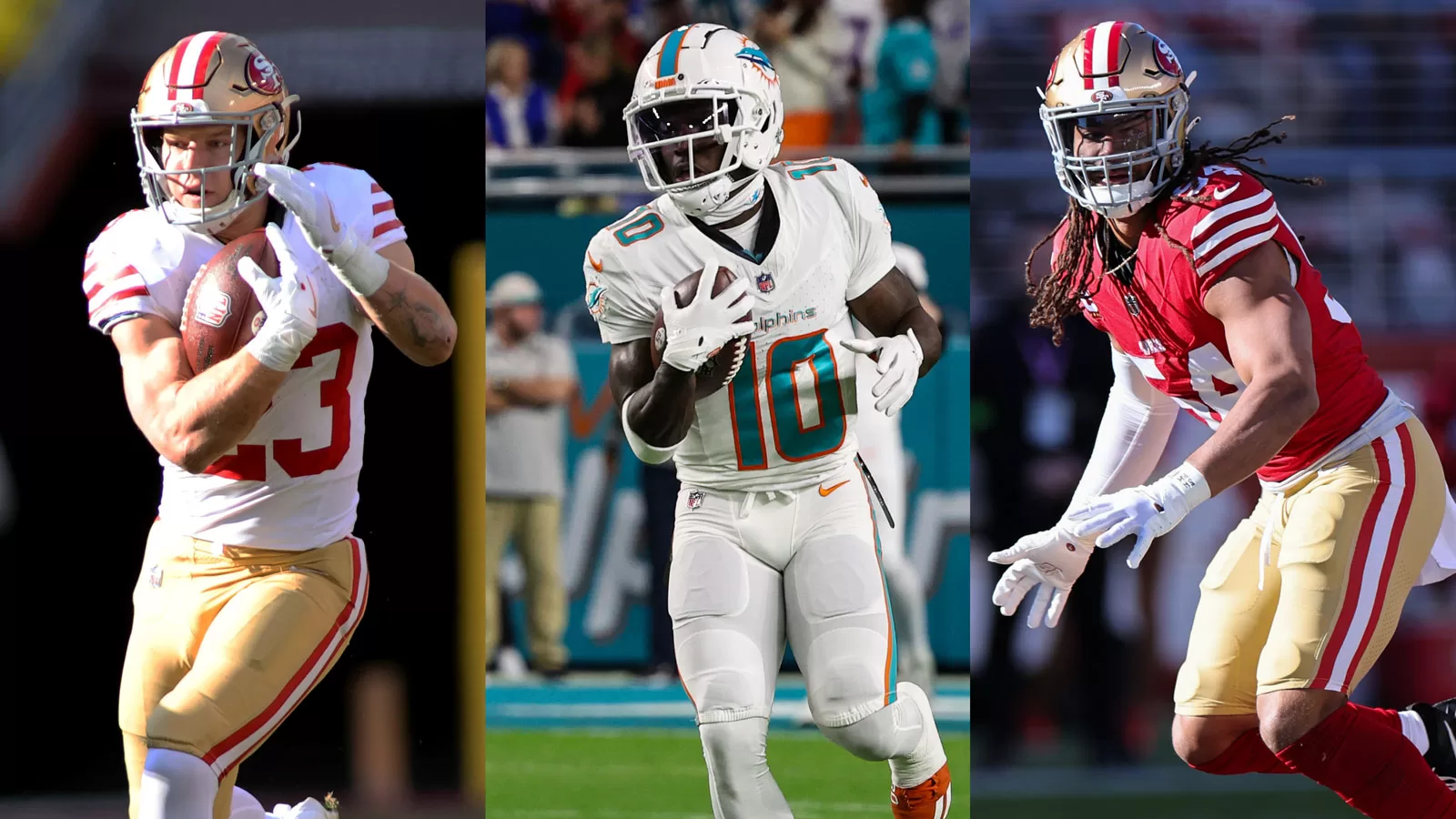 Christian McCaffrey, Tyreek Hill, Fred Warner