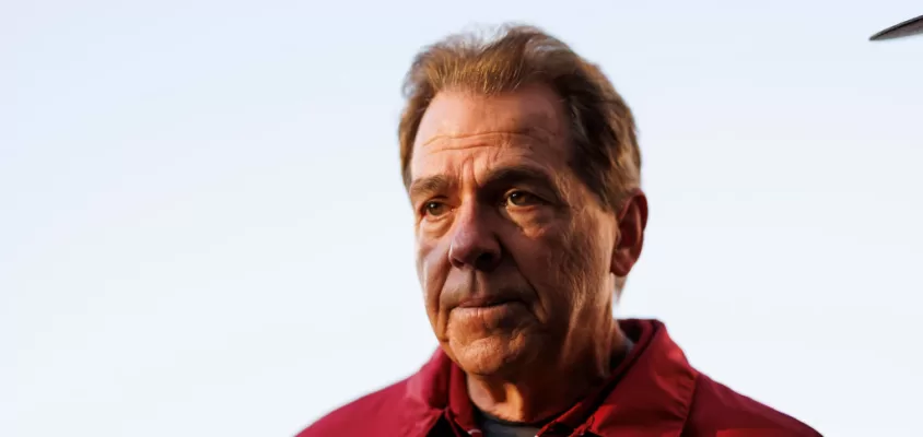 PASADENA, CALIFORNIA - JANUARY 01: Head coach Nick Saban of the Alabama Crimson Tide runs off the field at halftime during the CFP Semifinal Rose Bowl Game against the Michigan Wolverines at Rose Bowl Stadium on January 1, 2024 in Pasadena, California.