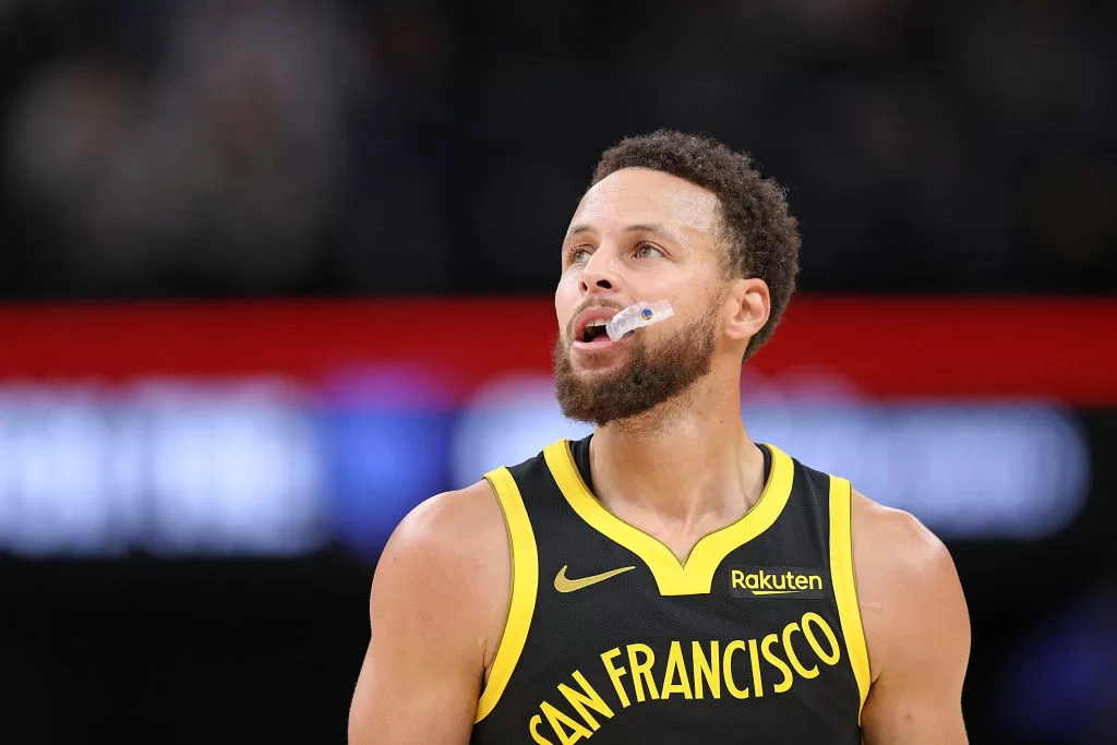 MEMPHIS, TENNESSEE - JANUARY 15: Stephen Curry #30 of the Golden State Warriors looks on during the game against the Memphis Grizzlies at FedExForum on January 15, 2024 in Memphis, Tennessee.