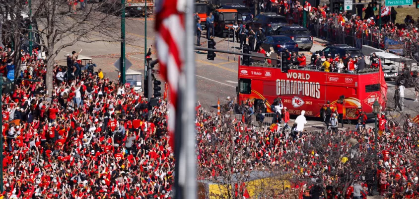 KANSAS CITY, MISSOURI - FEBRUARY 14: A general view of Kansas City Chiefs fans gathered at Union Station during the Kansas City Chiefs Super Bowl LVIII victory parade on February 14, 2024 in Kansas City, Missouri.