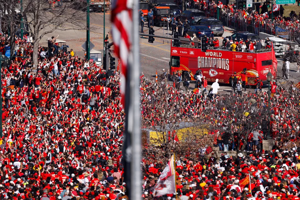 KANSAS CITY, MISSOURI - FEBRUARY 14: A general view of Kansas City Chiefs fans gathered at Union Station during the Kansas City Chiefs Super Bowl LVIII victory parade on February 14, 2024 in Kansas City, Missouri.