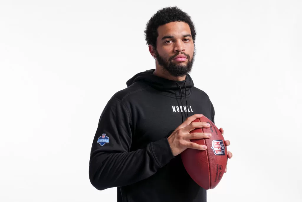 INDIANAPOLIS, INDIANA - FEBRUARY 29: Caleb Williams #QB14 of USC poses for portraits at the Indiana Convention Center on February 29, 2024 in Indianapolis, Indiana.