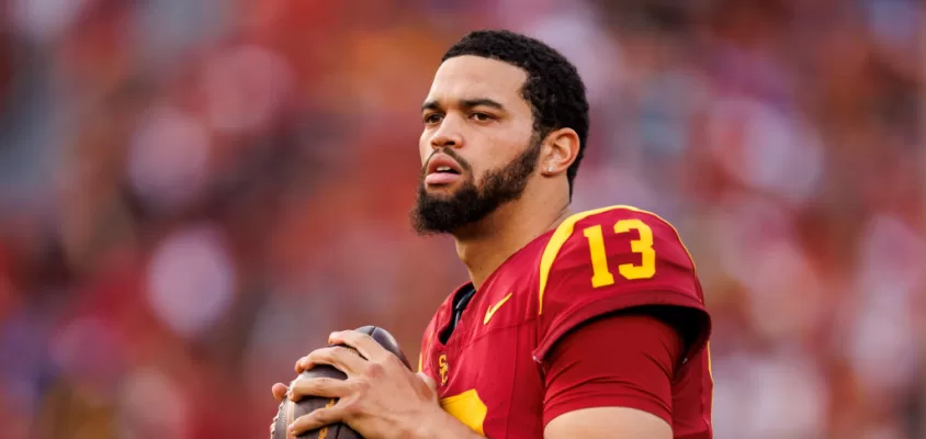 LOS ANGELES, CALIFORNIA - NOVEMBER 18: Caleb Williams #13 of the USC Trojans looks to throw a pass on the sideline during the first half of a game against the UCLA Bruins at United Airlines Field at the Los Angeles Memorial Coliseum on November 18, 2023 in Los Angeles, California.