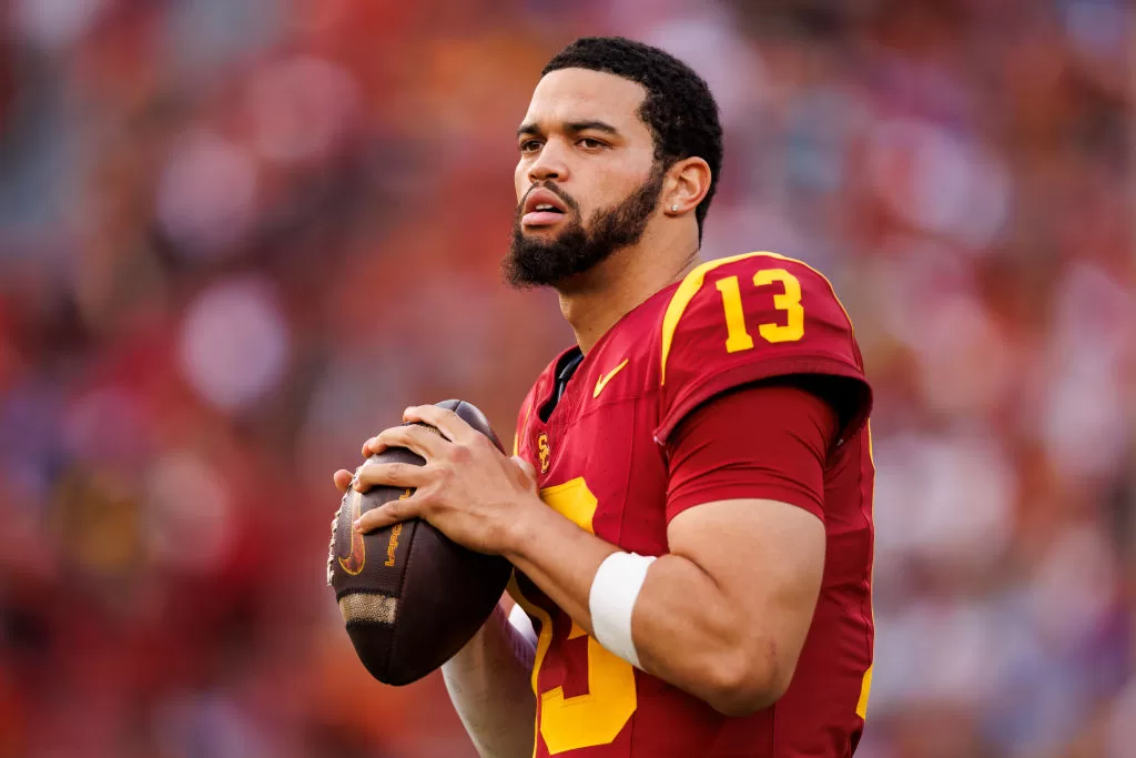 LOS ANGELES, CALIFORNIA - NOVEMBER 18: Caleb Williams #13 of the USC Trojans looks to throw a pass on the sideline during the first half of a game against the UCLA Bruins at United Airlines Field at the Los Angeles Memorial Coliseum on November 18, 2023 in Los Angeles, California.