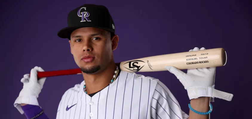 SCOTTSDALE, ARIZONA - FEBRUARY 22: Ezequiel Tovar #14 of the Colorado Rockies poses for a portrait during photo day at Salt River Fields at Talking Stick on February 22, 2024 in Scottsdale, Arizona.