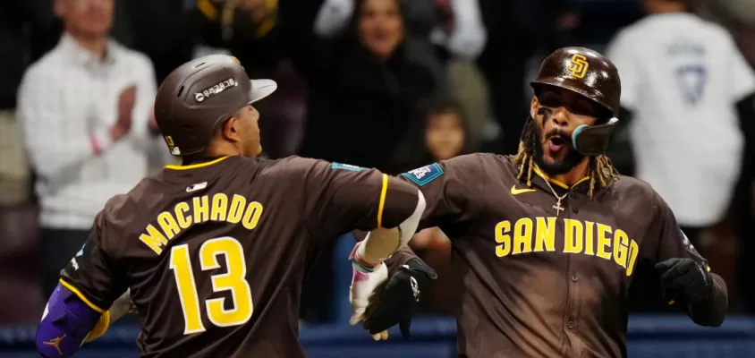 SEOUL, SOUTH KOREA - MARCH 21: Manny Machado #13 of the San Diego Padres celebrates with teammate Fernando Tatis Jr. #23 after hitting a three-run home run in the ninth inning during the 2024 Seoul Series game between the San Diego Padres and the Los Angeles Dodgers at Gocheok Sky Dome on Thursday, March 21, 2024 in Seoul, California