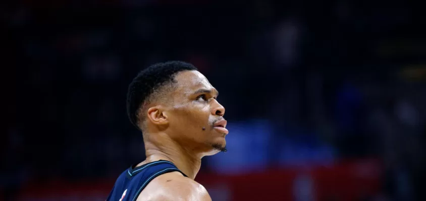 LOS ANGELES, CALIFORNIA - MARCH 1: Russell Westbrook #0 of the Los Angeles Clippers looks on during the first half against the Washington Wizards at Crypto.com Arena on March 1, 2024 in Los Angeles, California.